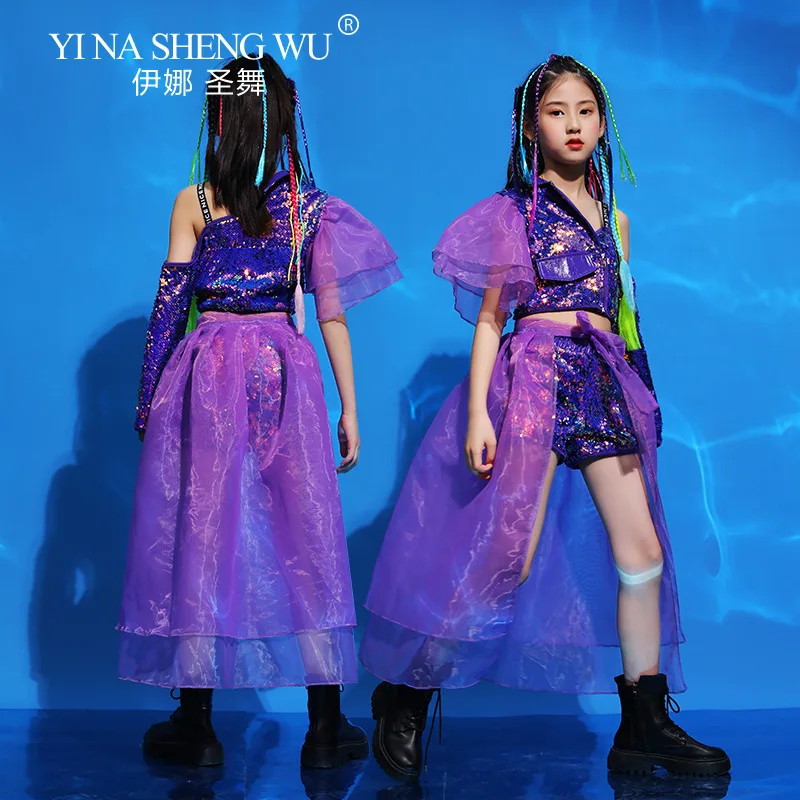 Mode Mädchen Walking Show Kleidung Kinder Jazz Dance Performance Anzug Hip-Hop Modern Dance Outfit Lila Pailletten Top und Hosen
