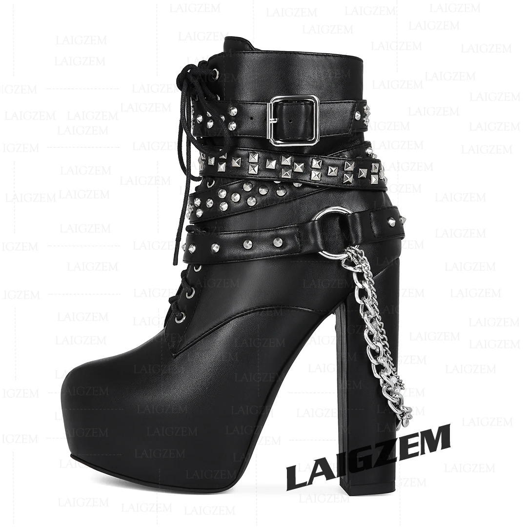 LAIGZEM Damen Stiefeletten mit Ketten, besetzt, seitlicher Reißverschluss, dicke High Heels, Stiefel, Punk, Gothic, Damenschuhe, Damen, große Größe 38, 43, 47, 52