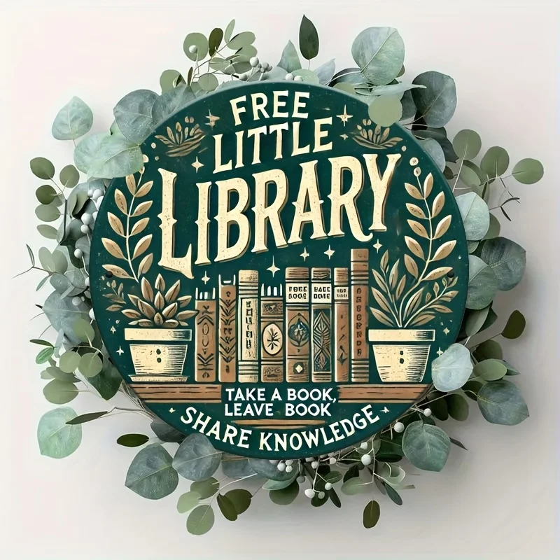 Vintage-inspirierte „Free Little Library“ 20,32 x 20,32 cm große Aluminium-Wandkunst – „Make a Book“, Design mit Eukalyptus und Bo