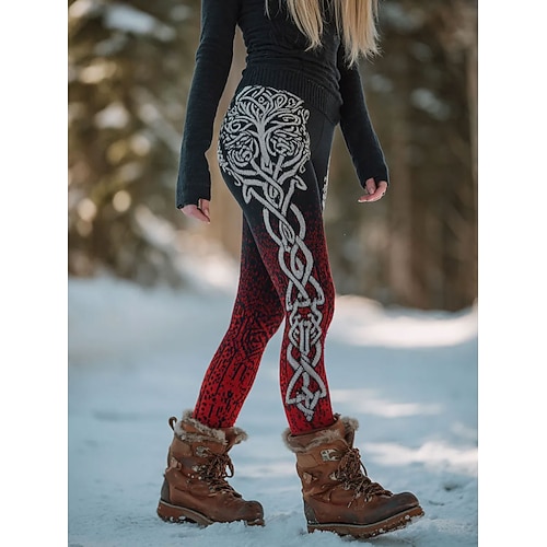 Womens Viking Boho Leggings Urlaub Vintage Ethnostil Vollständig Länge Hohe Taille Grafisches Baumsoft Bequem Dehnbar Formal Outdoor Urlaub Rot Frühling Herbst Winter Slim Fit Image
