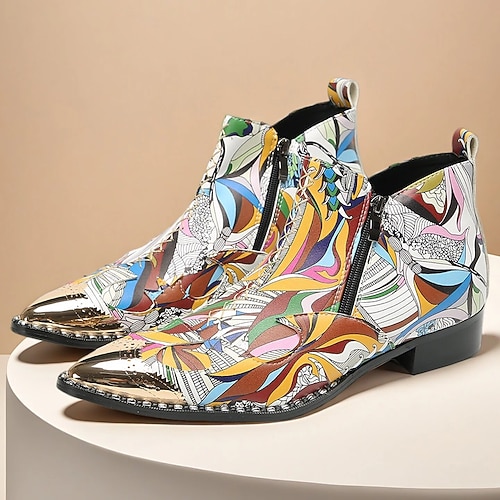 Bunte Herren-Ankle-Boots aus echtem Leder mit abstraktem Design – auffällige, mehrfarbige Gestaltung mit metallischen Zehenkappen, ideal für trendige Events, Partys und Ausgehen Image