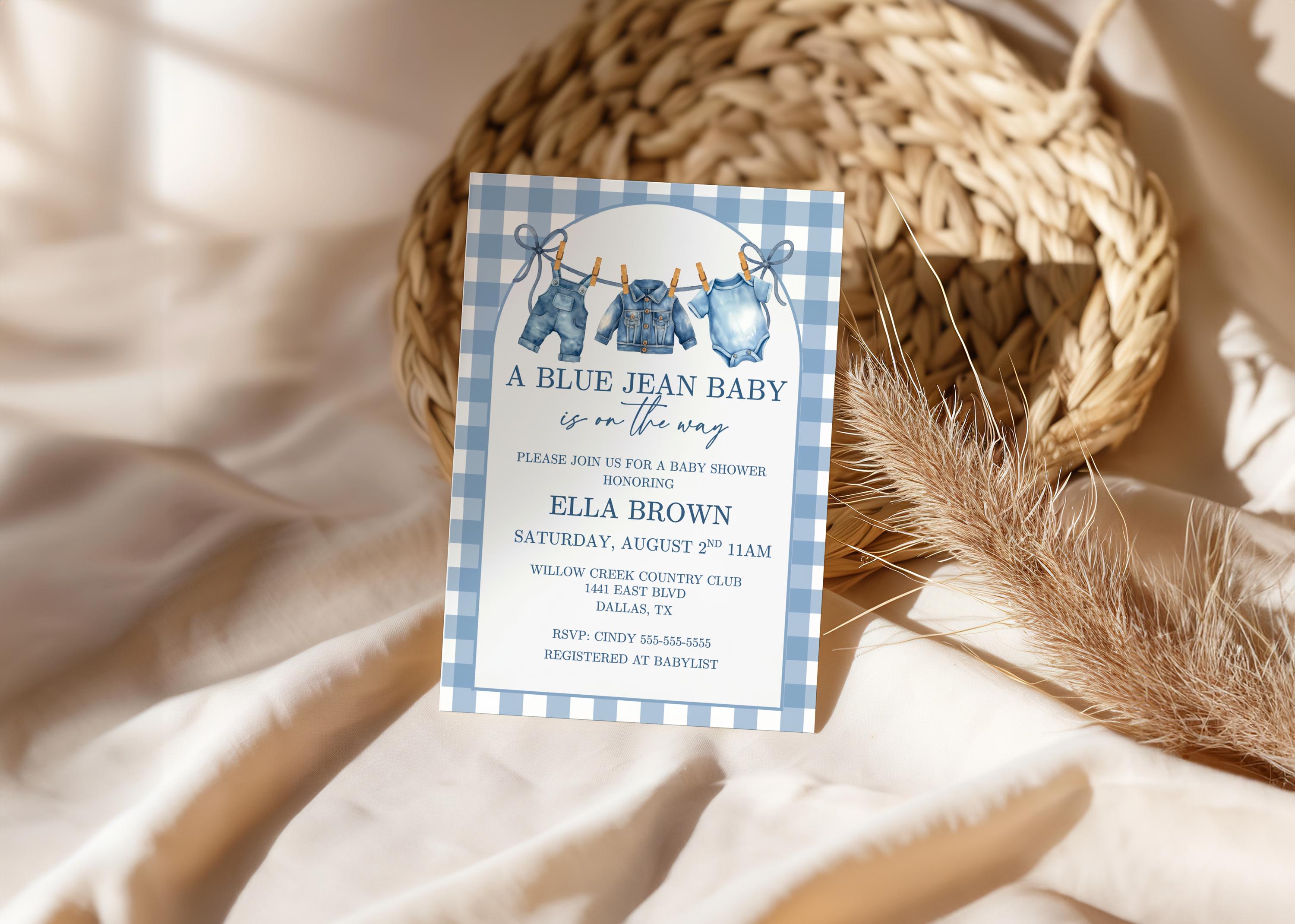 Invito per baby shower in jeans blu, invito Baby Sprinkle, baby shower in denim, tema baby shower western neutro, invito modificabile per baby shower