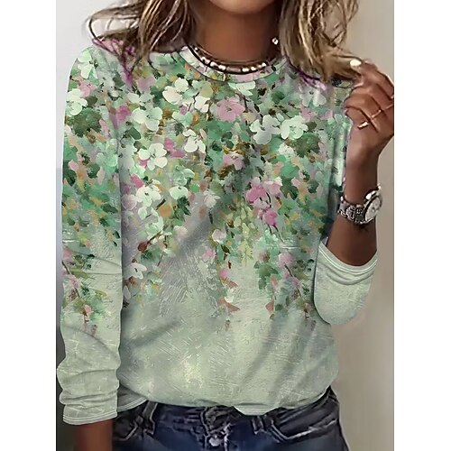 Damen T Shirt Druck Blumen Grafik Pflanzen Mode Lässig Langarm Rundhalsausschnitt Rundhals Normale Oberteile Täglich Wochenende Blau Purpur Grün Sommer Frühling Herbst Image
