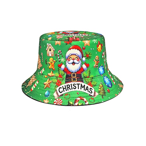 Weihnachts-Bucket-Hat für Damen, Polyestermaterial, festlicher Weihnachtsmann- und Rentier-Print, festliche Kopfbedeckung für Partys und Winterfeste Image