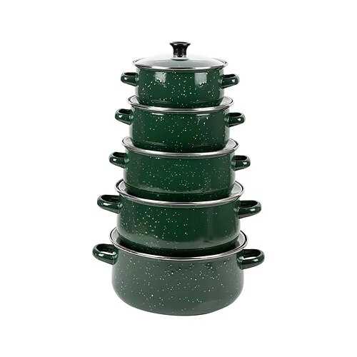 5-teiliges Emaille-Topfset, Kochtopfset mit Deckel, Keramik-Kochtopf, Schmortopf mit flachem Boden für Suppen und zum Einkochen Image