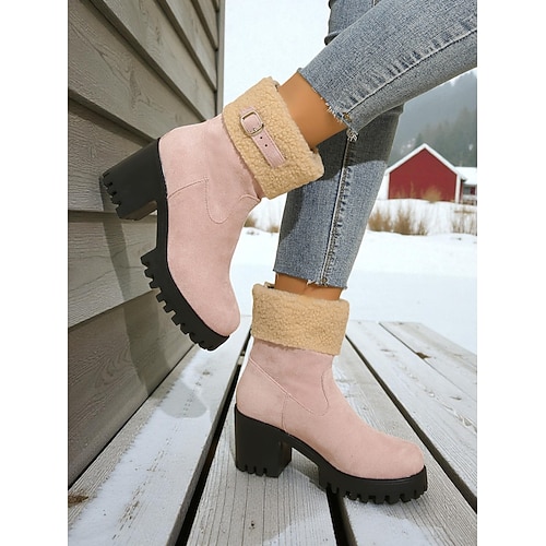 Winterstiefel mit Blockabsatz für Damen – knöchelhohe Stiefeletten aus Kunstfell mit Schnallenriemen, warm, rutschfest und modisch für Freizeit und Outdoor-Aktivitäten Image