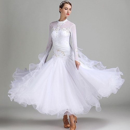 Elegantes türkisfarbenes Ballsaalkleid für Damen mit Strassbesatz und hohem Kragen, geeignet für Walzer, Tango, Modern Rumba, Wettbewerbe und Aufführungen Image