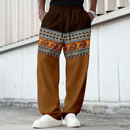 Herren Bulle Ethnisch Indische Kultur Jogginghose Hose Freizeithose Mittlere Taille Lässig Vintage-Retro Outdoor Jagd Trainieren Elastischer Kordelzug in der Taille Gerade geschnittene Hose mit Image