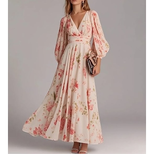 Damen Midikleid Sommerkleid Figurbetontes Kleid Urlaub Lässig Täglich Normale Passform Blumen Langarm V Ausschnitt Rosa Sommer Frühling Herbst Winter Image