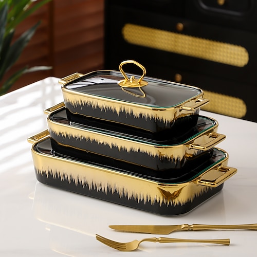 3-teiliges Set rechteckiger Keramik-Servierplatten in voller Größe mit Glasdeckel, Speisenwärmer für Hochzeiten, Partys und Bankette Image