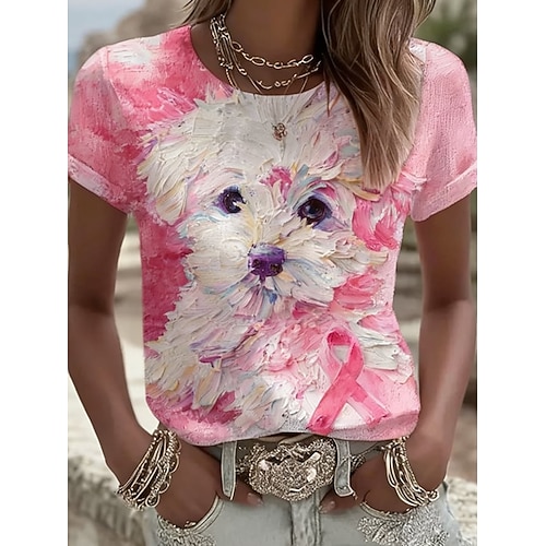 Damen T Shirt Druck Grafik Tiermotiv Hund Vintage Lässig Kurzarm Rundhalsausschnitt Normale Oberteile Täglich Wochenende Blau Rosa Herbst Winter Image
