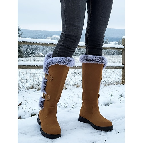 Rote Damen-Winterstiefel aus Wildlederimitat – kniehohe Stiefel mit Kunstfellbesatz und Schnallenriemen, stilvolle und warme Weihnachtsschuhe für Outdoor-Aktivitäten und den Alltag Image