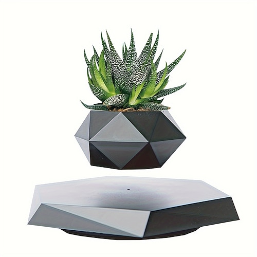 Eleganter schwarzer geometrischer magnetischer schwebender Topf - drehbarer luftbetriebener Bonsai-Topf mit Luftstromdesign hexagonaler Basis geeignet für Zimmerpflanzen beinhaltet Ständer Image