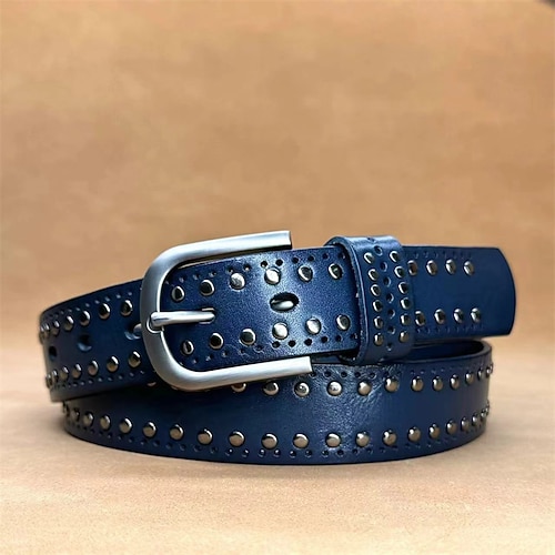 Herren Echtledergürtel Gürtel Dornschließe Nietenbesetzte Details Dermis Legierung Vintage Klassisch Langlebig Verstellbar Einfach Blau Schwarz Outdoor Täglich Taillengürtel Image
