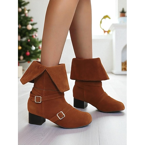 Grüne Damenstiefel mit Schnalle, mittelhoch – Retro-Weihnachtsstiefel im Elfenstil mit umklappbarem Schaft, Vintage-Festtagsmode für Winterpartys Image