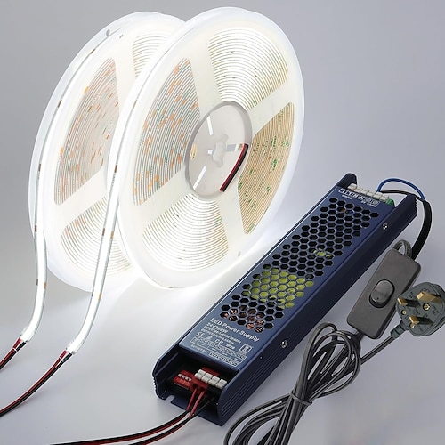 24V COB-LED-Streifen, 10–20 m (2 Rollen à 10 m), 3000K Eisblau, kürzbar, 10W/m, 320 LEDs/m, CRI 90, mit Online-Schalter und Netzteil für Schlafzimmer, Küche, Wohnzimmer, Decke Image
