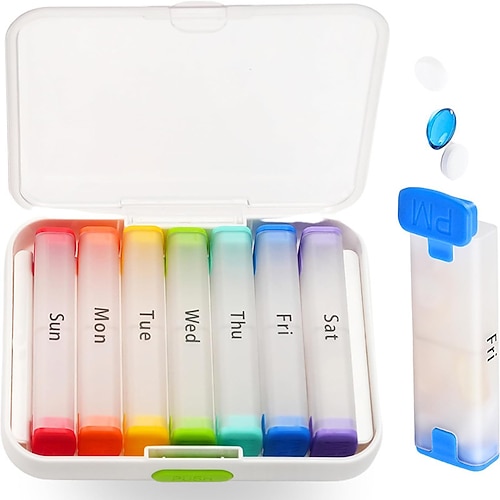 Wochen-Pillenbox für 7 Tage mit 2 Tagesfächern – reisefreundliche Medikamentenbox, leicht zu öffnender Deckel, robustes Kunststoff, weiß – ideal für Vitamine und Fischöl Aufbewahrung der täglichen Image