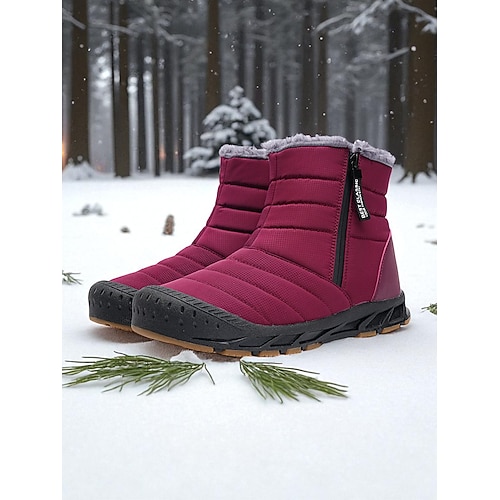 Burgunderrote, knöchelhohe Stiefeletten mit Fellfutter – wasserdichte Winterschuhe mit rutschfester Gummisohle, warmes und bequemes Schuhwerk für Outdoor-Aktivitäten und Freizeit. Image