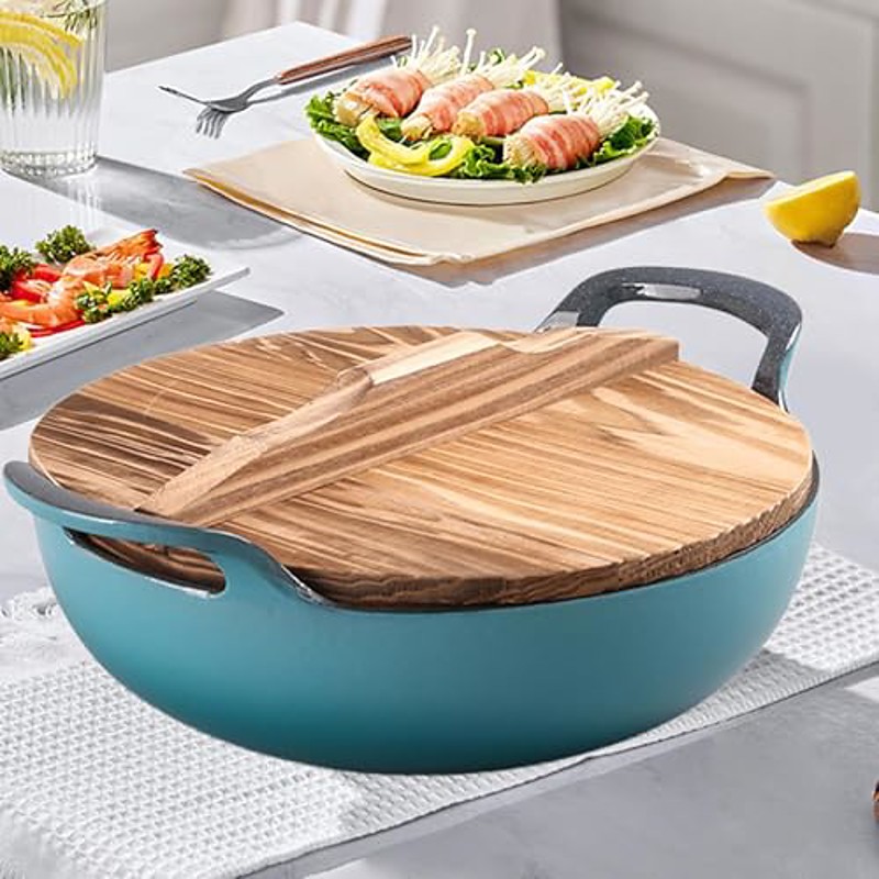 Cast iron casserole dish, sturdy domestic soup pot, universal kitchen appliances with wooden lid, induction cooktop for home