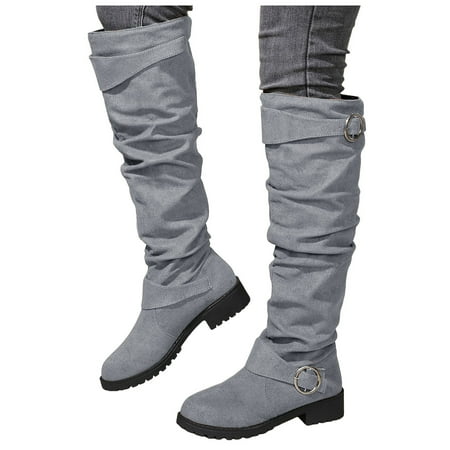 Dakaela Women s Knee High Boots Wide Calf Platform Slouchy Flat Tall Boot Chunky Low Heel Buckle Winter Motorcycle Riding Shoes Grey 6