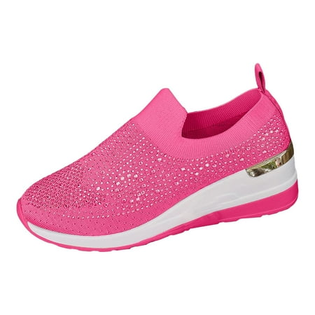 Willtoo Women s Fashion Glitter Rhinestone Decor Platform Wedge Sneakers Breathable Mesh Sparkly Glitter Tennis Shoes for Women Casual Slip-On Walking Shoes Hot Pink 8.5 Wide