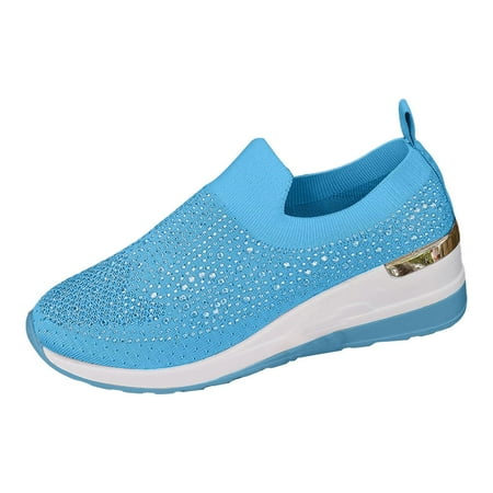 Willtoo Women s Fashion Glitter Rhinestone Decor Platform Wedge Sneakers Breathable Mesh Sparkly Glitter Tennis Shoes for Women Casual Slip-On Walking Shoes Sky Blue 6.5 Wide