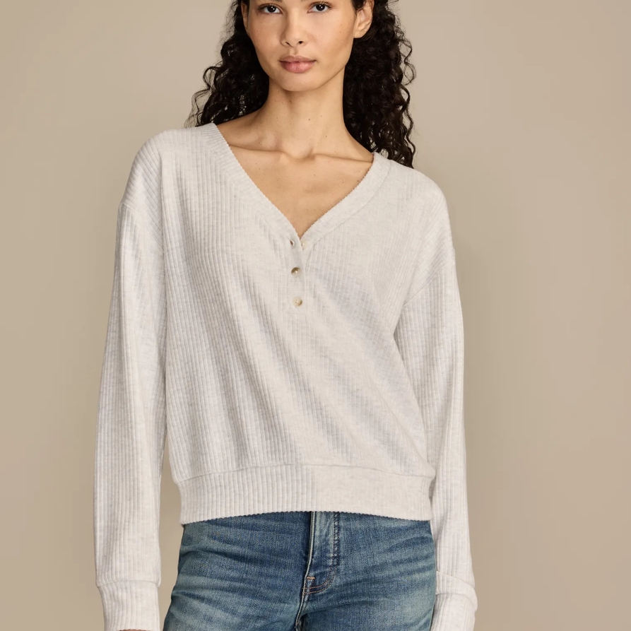 Lucky Brand Cloud V Neck Henley - Women's Clothing Tops Tees Henley Shirt in Light Heather Grey, Size XL