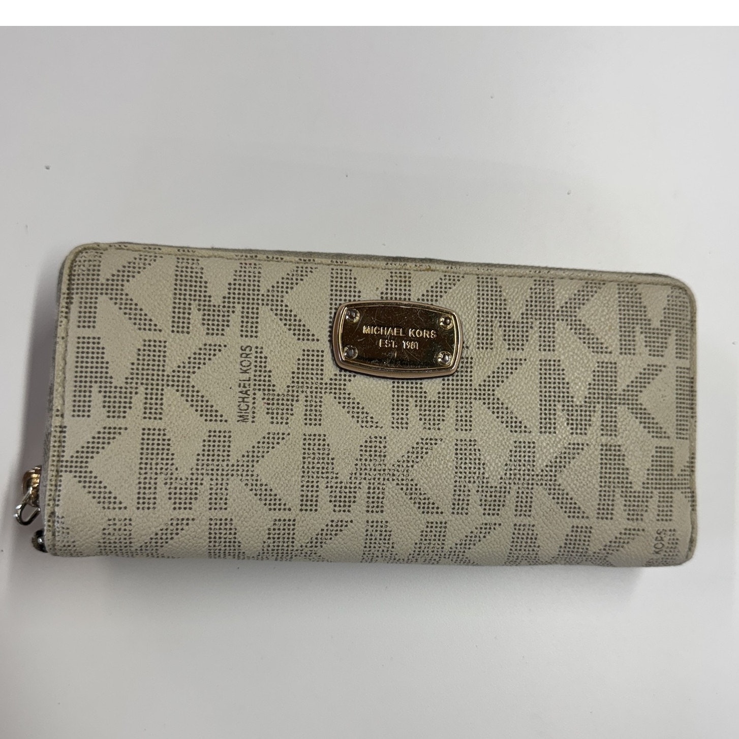 Michael Kors Bags | Michael Kors Wallet Womens Beige Zip Around Mk Logo Continental Clutch Purse | Color: Gold/Red/Tan | Size: Os