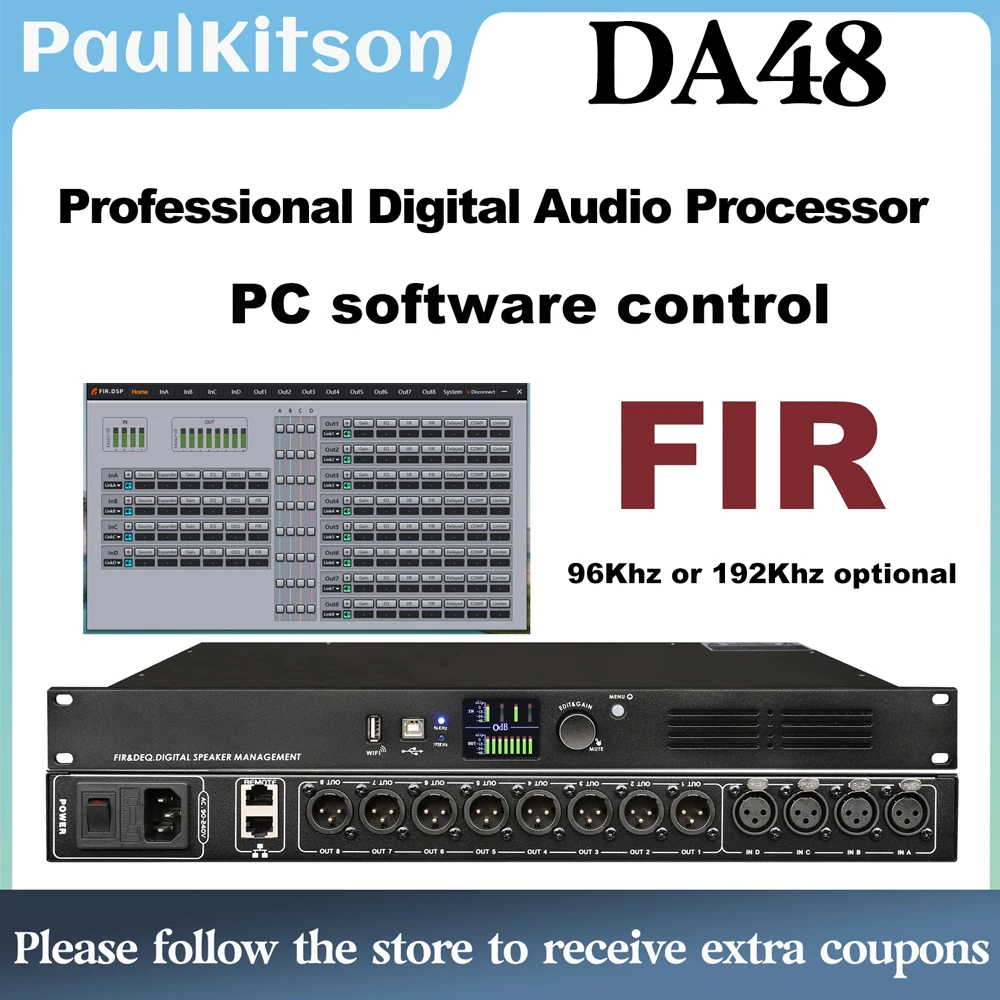 Paulkitson DA48 Professioneller digitaler Audioprozessor 4 IN 8 OUT mit FIR 96 kHz oder 192 kHz DSP-Lautsprecherverwaltungssystem kann per WLAN mit der PC-Softwaresteuerung verbunden werden Image