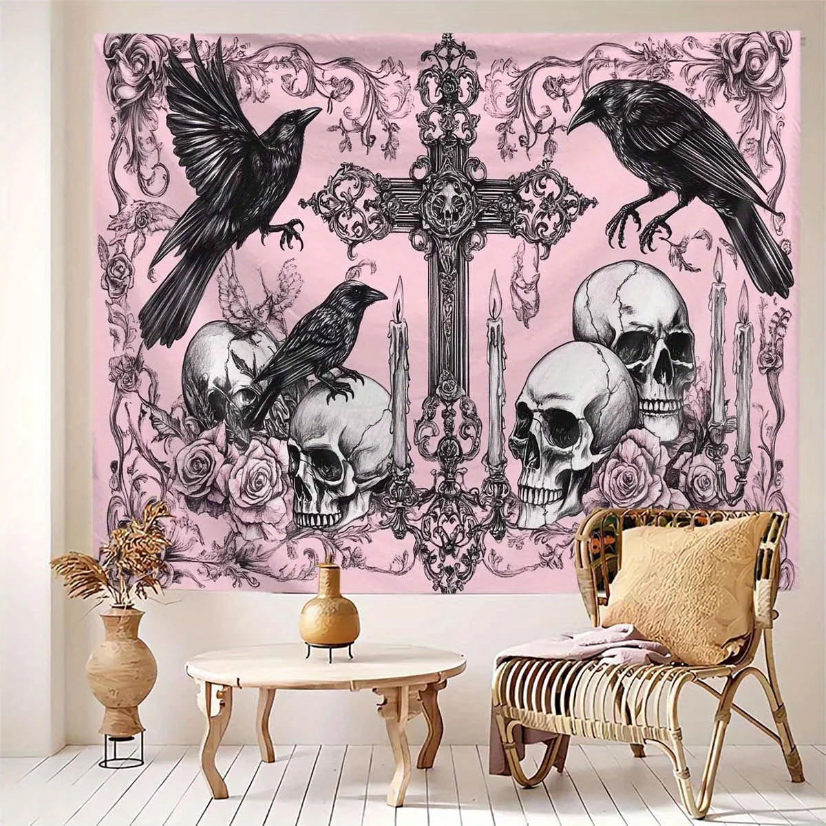VIKAMA Gothic Dark Tapisserie Rosa und Schwarz Farbblockierender Rabe und Totenkopf Schlafzimmer Kopfteil Wandkunst Thema Dekor Image