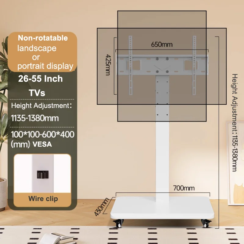 Meuble TV au sol roulant, chariot TV mobile universel pour téléviseurs de 26 à 65 pouces jusqu'à 110 lb, meuble TV réglable en hauteur avec pivot