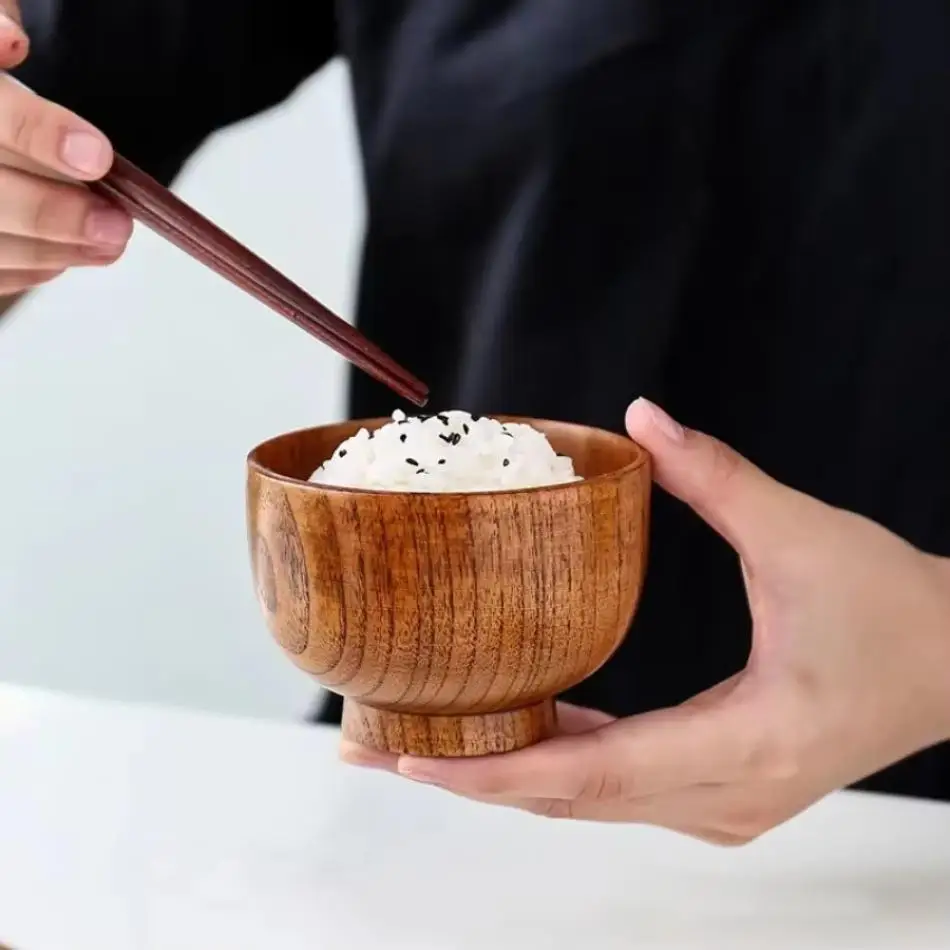 Neue Japanische Stil Jujube Holz Schüssel Runde Große Suppe Schüssel Kreative Kinder Reis Schüssel Geschirr Vintage Holz Schalen Geschirr Image