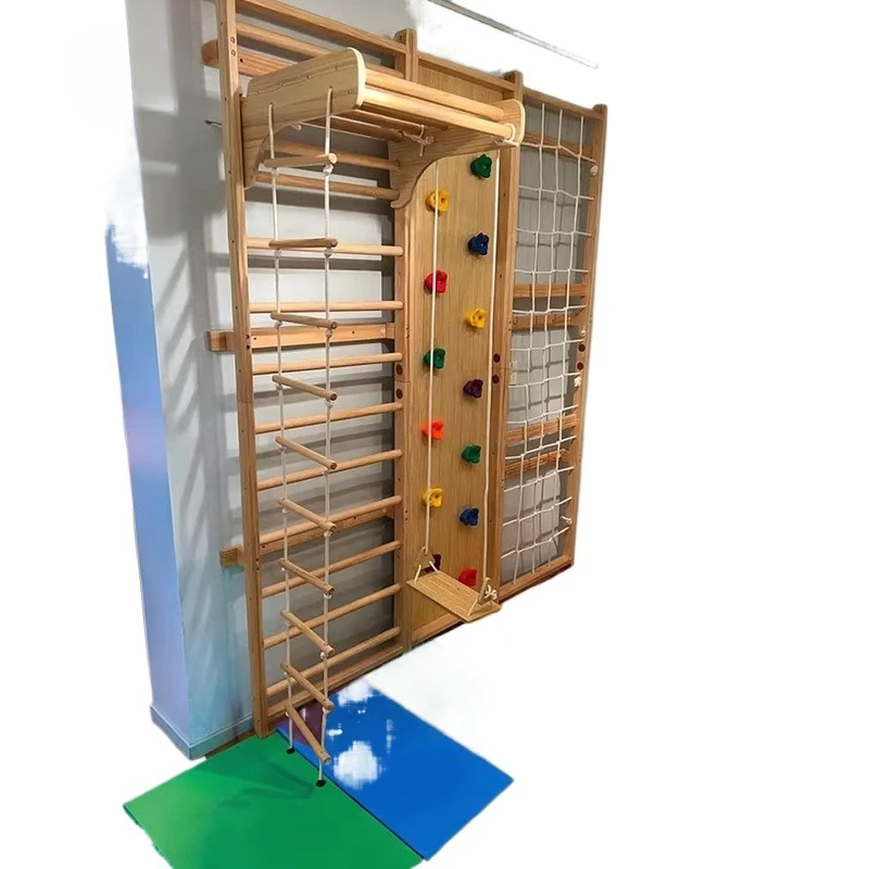 9-in-1-Klettergerüst für den Innenbereich, für Kinder und Erwachsene, Indoor-Fitnessstudio, Holz, schwedische Leiter, Kletterwand Image