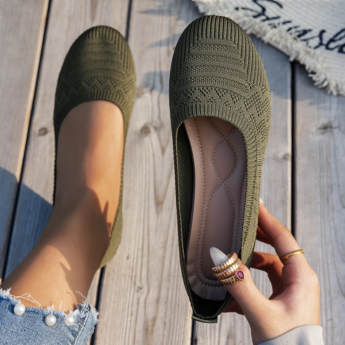 Flache Damenschuhe mit runder Spitze, flache Schuhe für Damen, einfarbig, Slip-on-Design, lässig, atmungsaktiv, Damen-Loafer, bequeme Schuhe, Größe 36–43