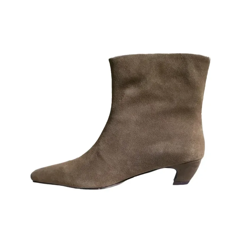 Damen Stiefeletten mit Kitten-Absatz, Winterschuhe, Schaf-Wildleder, Frühling und Herbst, Damenstiefel, Sip-on-Leder-Winterschuhe, quadratische Zehen, Größe 41