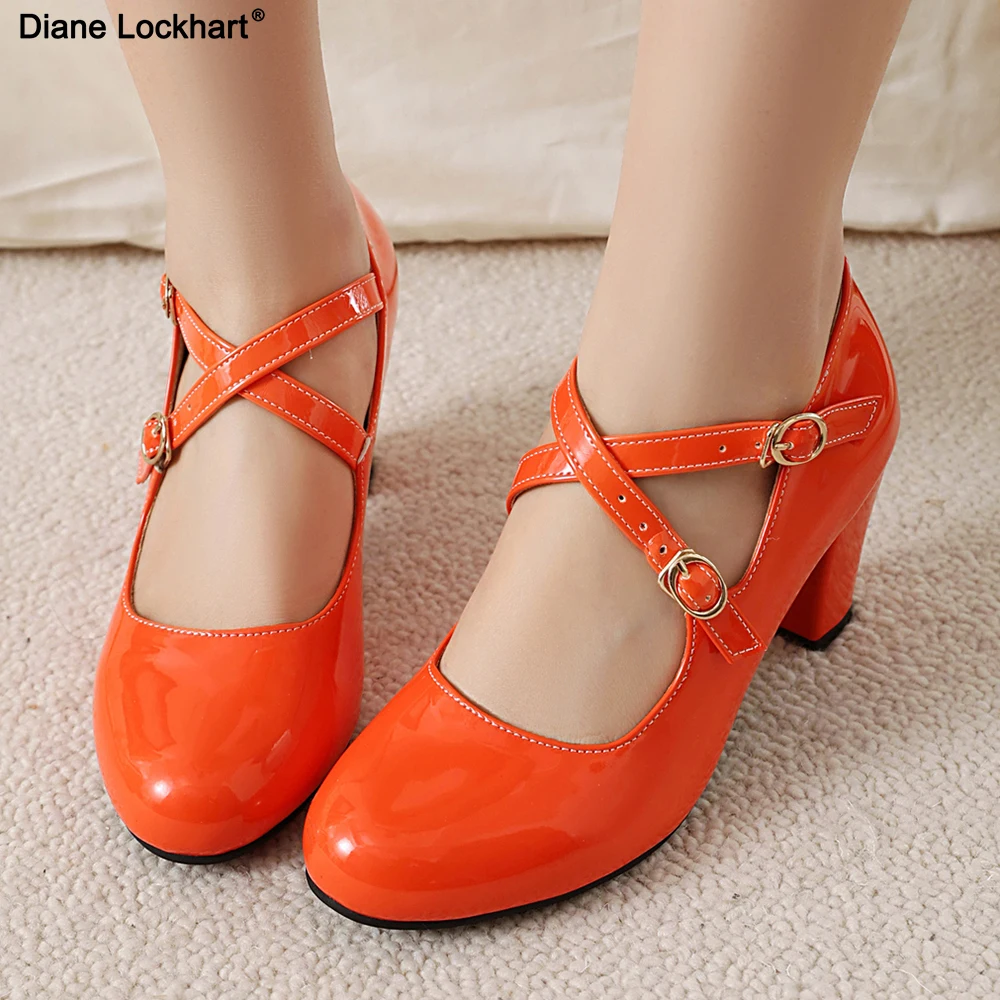 2025, neue Lackleder-High-Heels für Damen, Orange, hellgrün, Mary Janes-Schuhe, Bürodame, Cross-Strap-Pumps, Damenschuhe