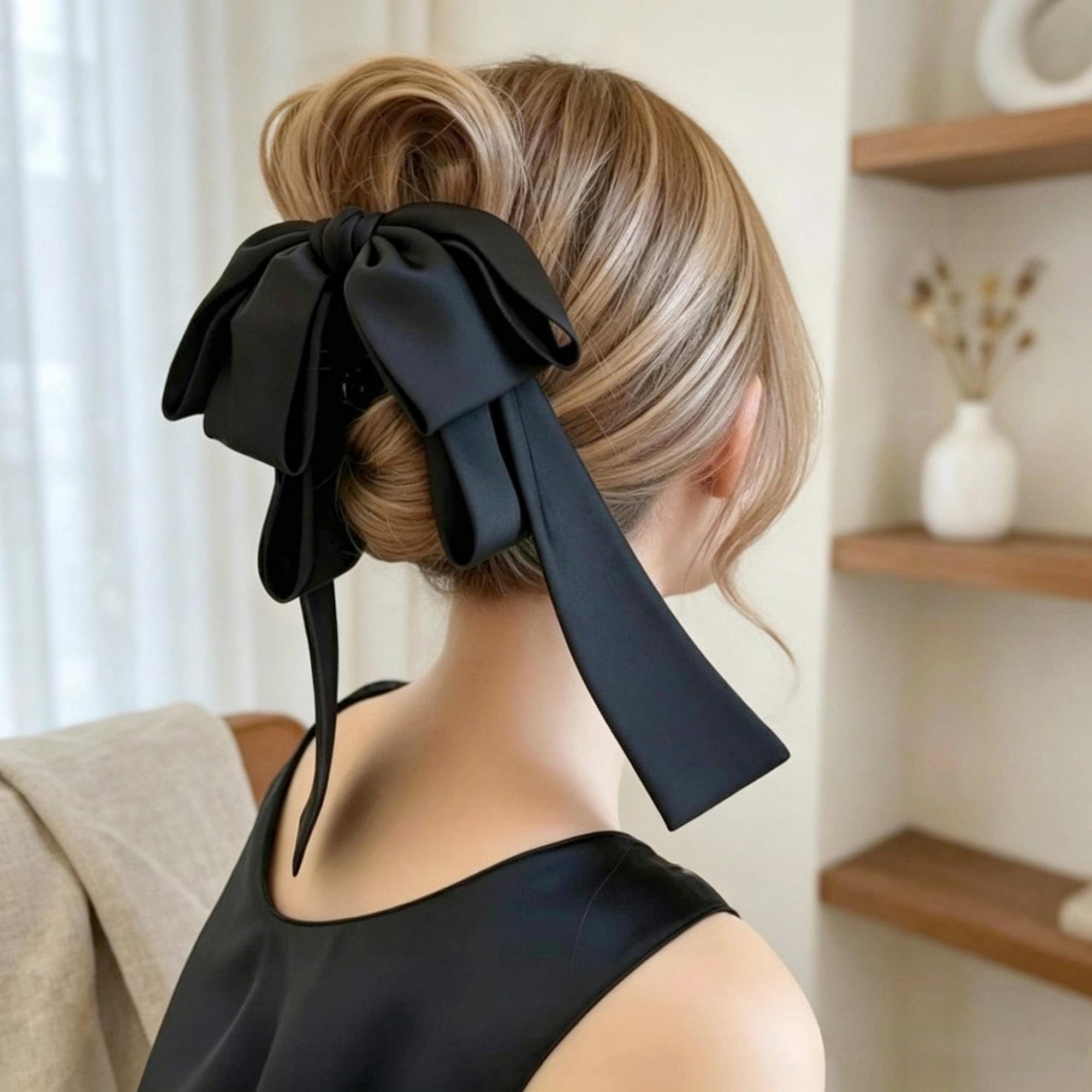 Fermaglio per capelli con fiocco in raso, fermaglio elegante con coda lunga e nastro oversize, accessorio per capelli femminile in stile francese, reg