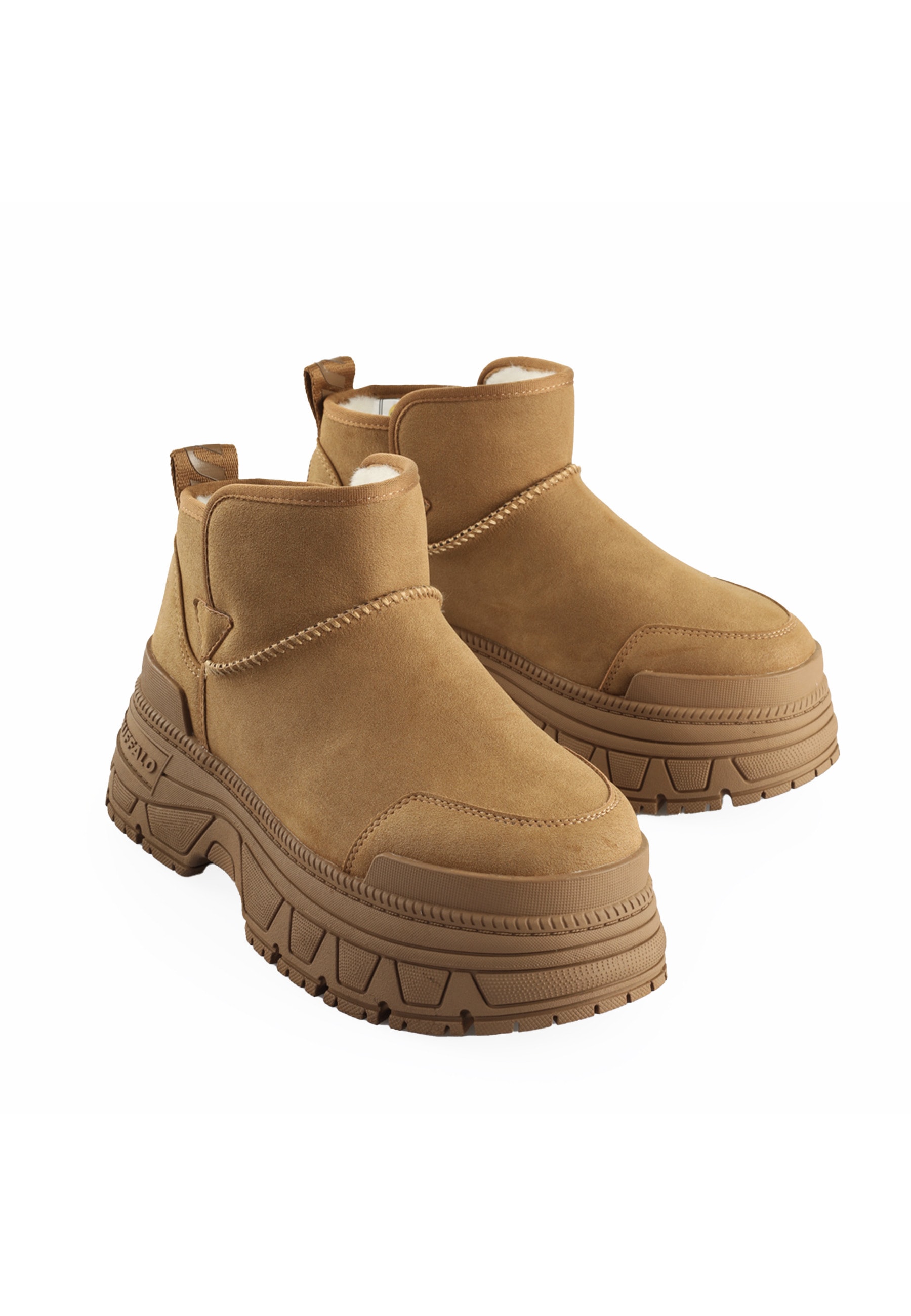 Stiefel BUFFALO "Buffalo FusiOn Slip On Lo Warm Vegan Nubuck", Damen, Gr. 39, cognac, Polyurethan, unifarben, Schuhe Stiefel