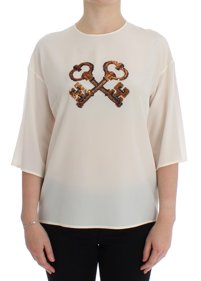 Dolce & Gabbana Weiße Paillettierte Schlüssel-Seidenbluse