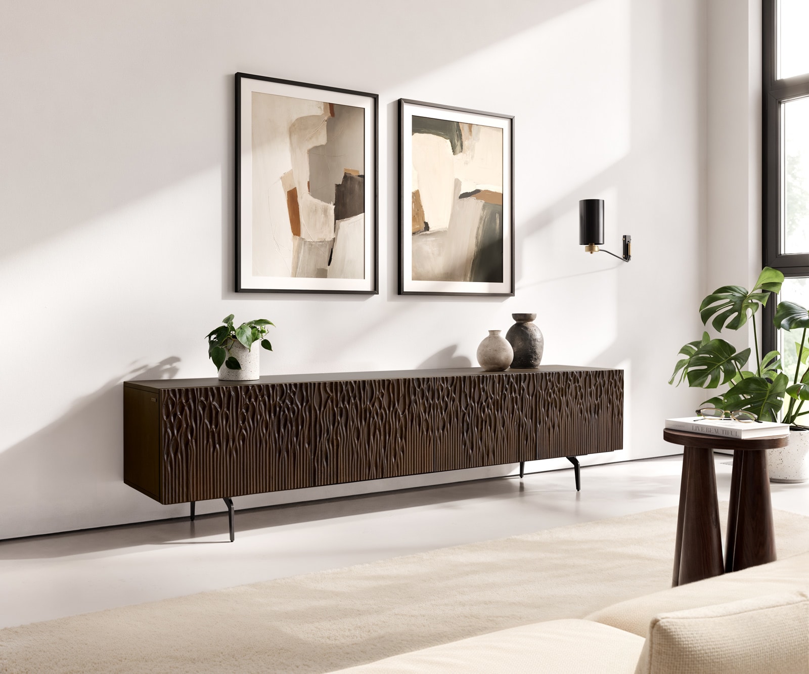 DELIFE Lowboard Follia 200 cm Mango Braun 4 Türen Winkelfuß Metall Schwarz, Lowboards Image