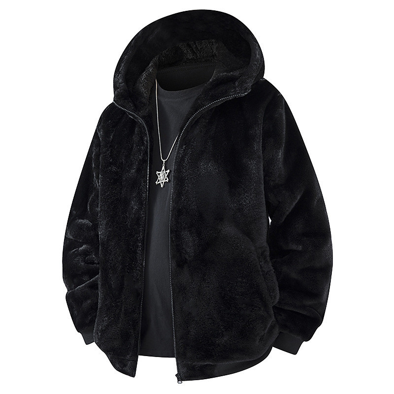 Men's Winter Jacket Fleece Jacket Faux Fur Coat Vacation Daily Thermal Warm Pocket Fleece Fall Winter Leopard Plain Fashion Streetwear Hooded Regular Black Brown Dark Gray Jacket