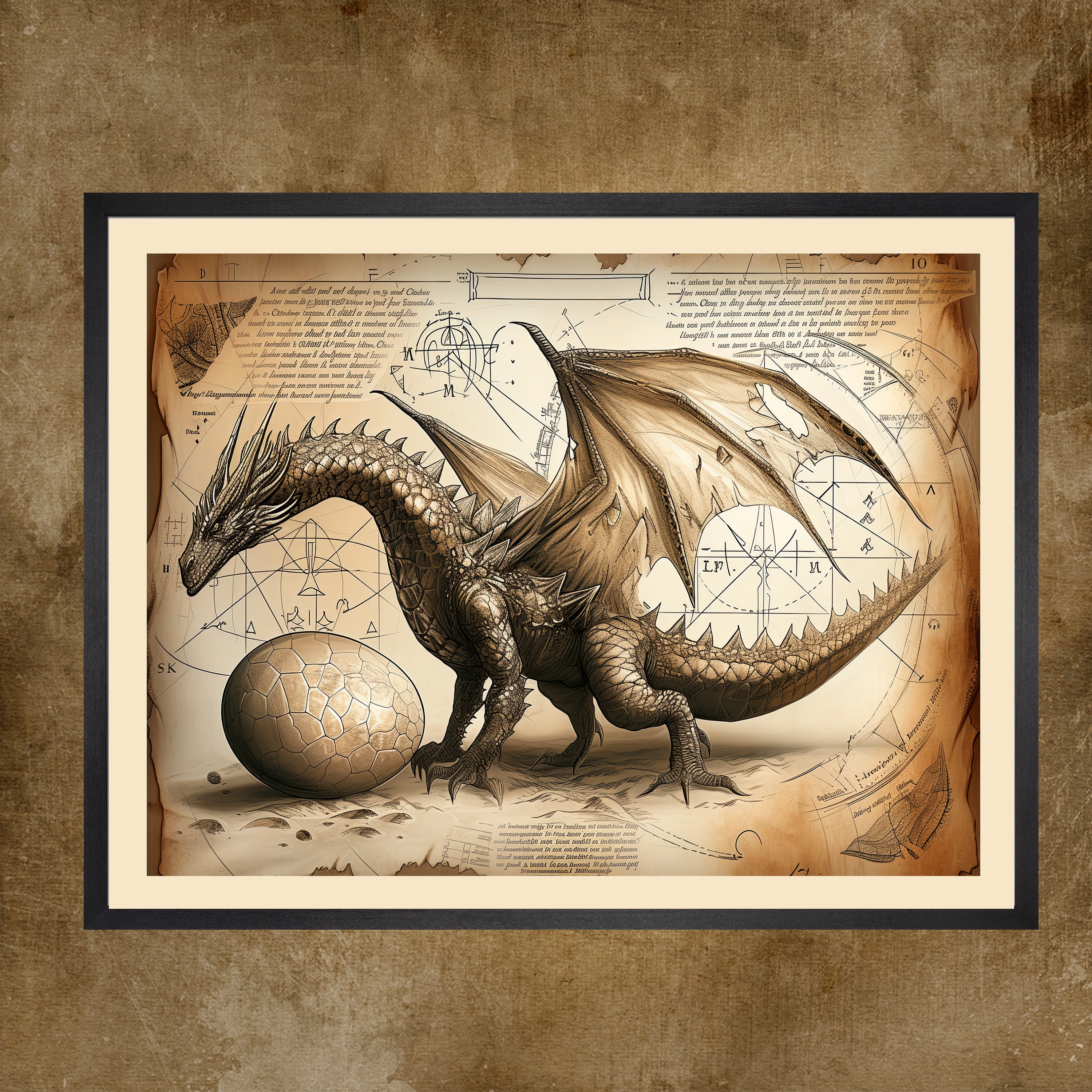 Grande uovo di drago con disegno a matita di drago, poster, stampa artistica fantasy, regalo per marito, amante del drago, opera d'arte murale in stil
