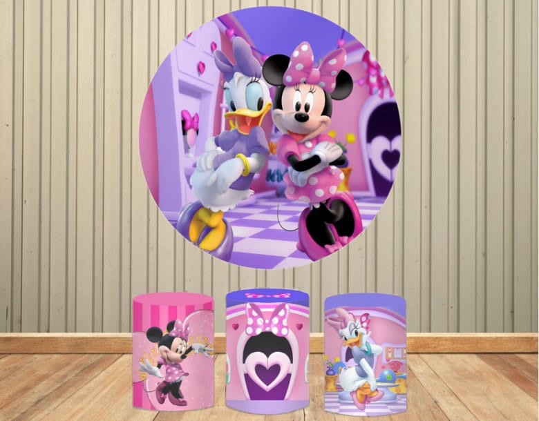 Cartone animato Daisy Duck e Minnie Sfondo rotondo per baby shower Sfondo di buon compleanno rosa Banner Decorazioni per feste di compleanno per ragaz