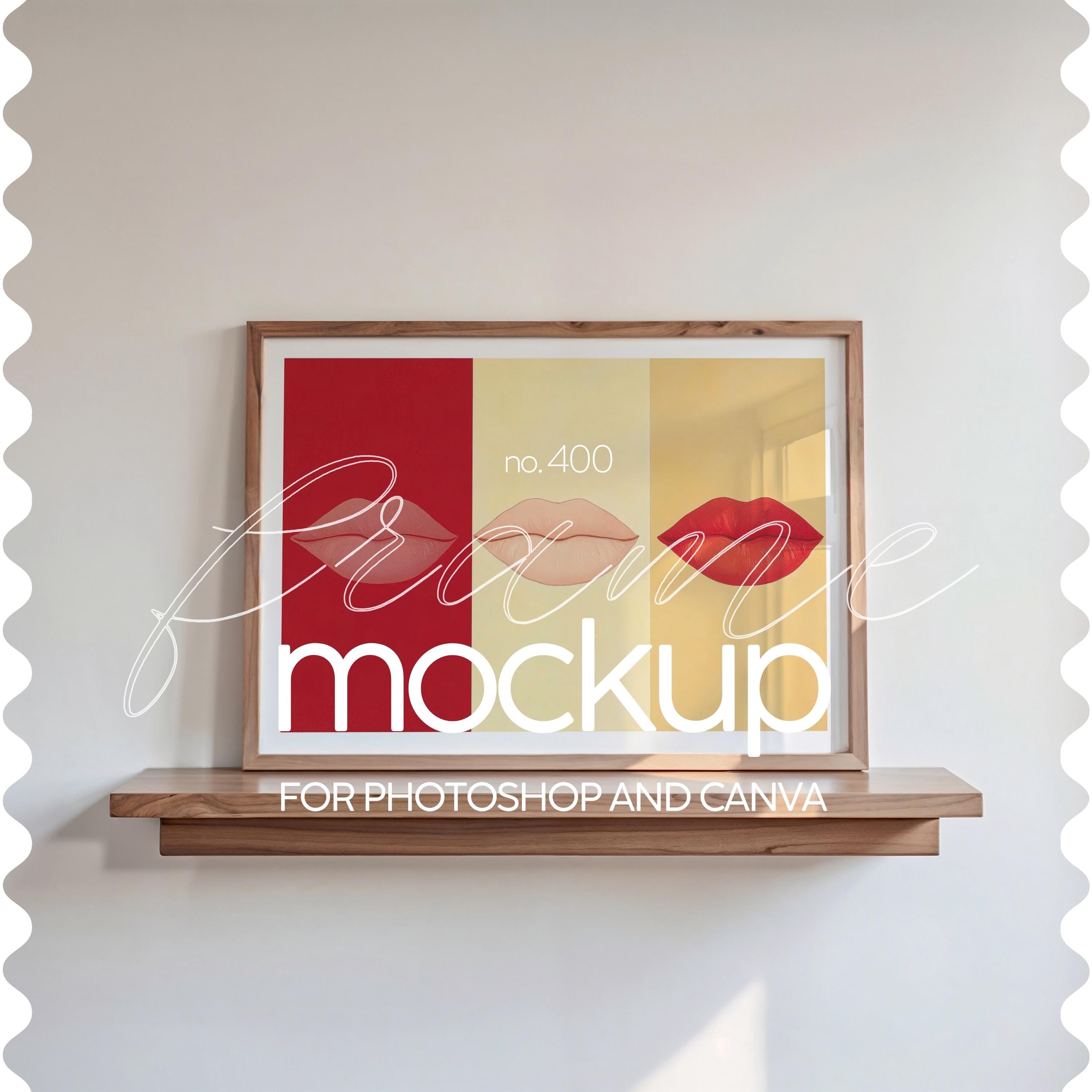 Mockup di cornice orizzontale in legno con rapporto ISO A, Mockup di cornice orizzontale Din A per esposizione di opere d'arte da parete, Mockup di co