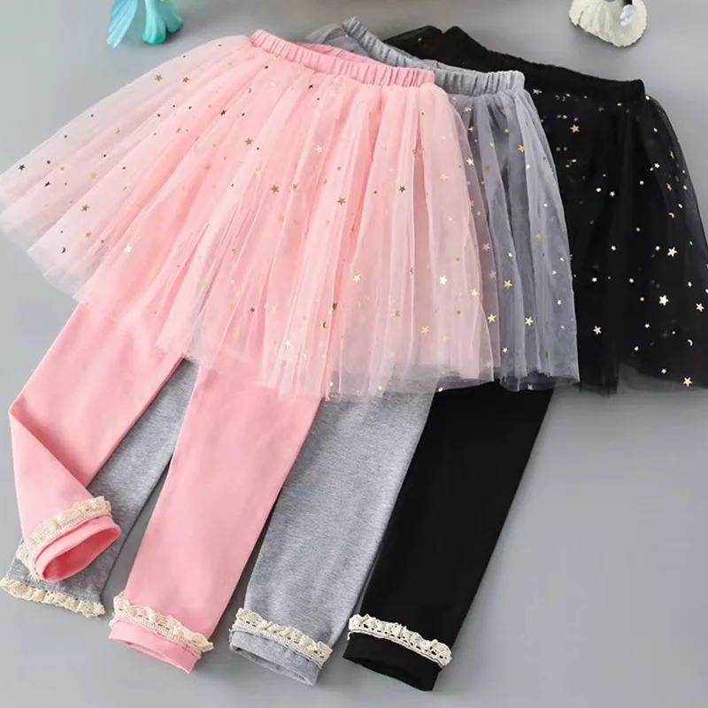 Frühling Herbst Kinder Mädchen Mesh Pailletten Leggings Gefälschte Zwei Stück Tutu Rock Hosen Prinzessin Rock Hosen Kinder Baumwolle Kleidung Image