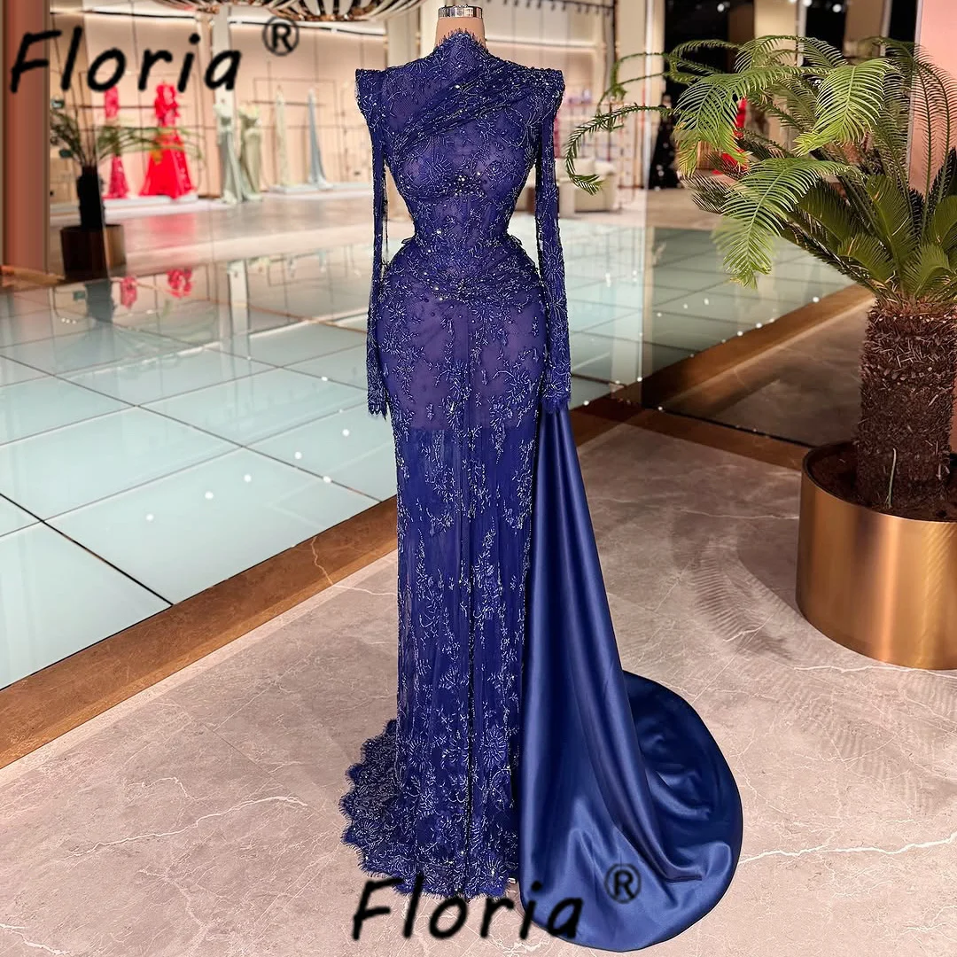 Blaue Perlen Spitze Meerjungfrau Abendkleid 3D Blume Applikationen Hochzeit Verlobung Kleider Formale Lange vestidos de fiesta elegantes 2025 Image