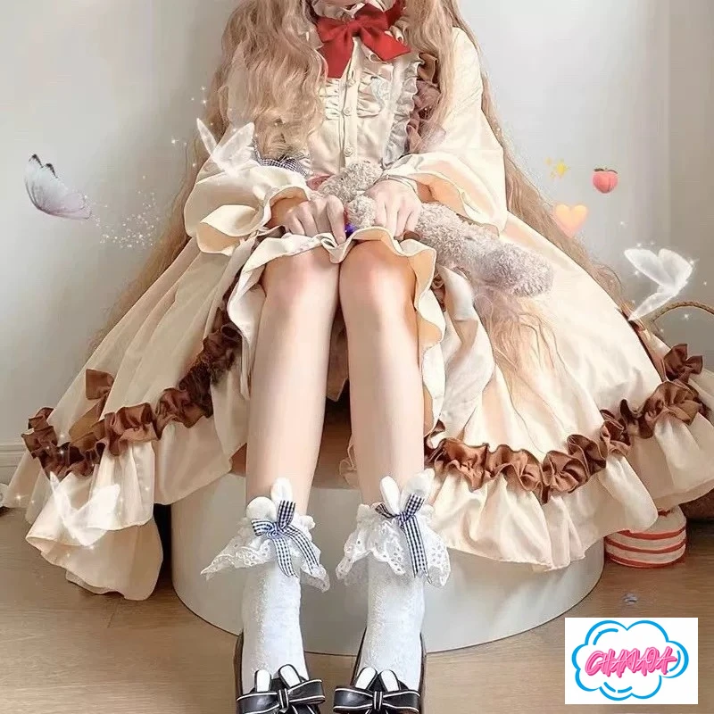 Japanisches süßes Vintage-A-Linien-Kleid für Herbst und Winter mit roter Schleife und braunen Spitzenrüschen, romantisches, knielanges Kleid im Lolita-Stil