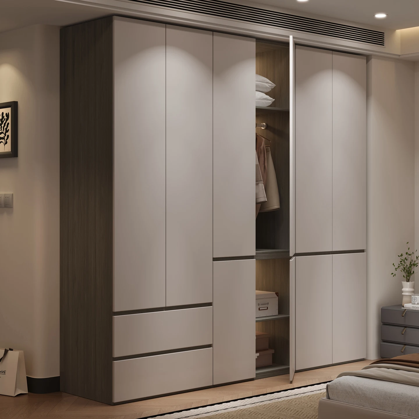 Grauer Kleiderschrank aus Kiefernholz der ENF-Qualität, neu, 2025, beliebter Massivholzschrank, Aufbewahrungsschrank für Zuhause und Schlafzimmer