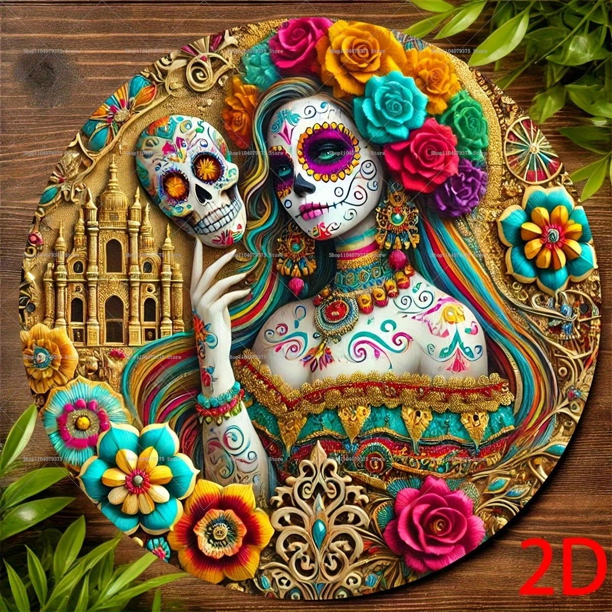 1 Stück runder mexikanischer Tag der Toten aus Holz, dekoratives Schild, geeignet für Familie und Freunde, Urlaubsgeschenke, Wohnzimmer, Schlafzimmer, Requisiten Image