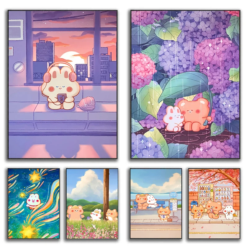 MINISO Cute Bear Bunny Cat Cartoon Kawaii Posters and Prints Canvas Printing Modern Wall Art Picture for Living Room Home Dec